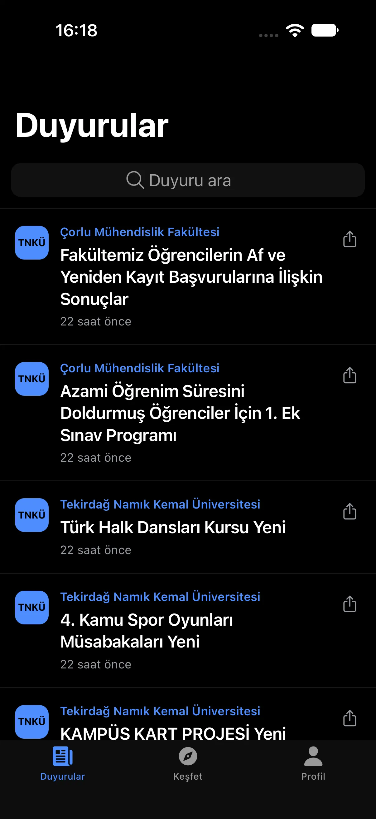 Duyurular ekranı: kategori süzgeçleri ve duyuru kartları.