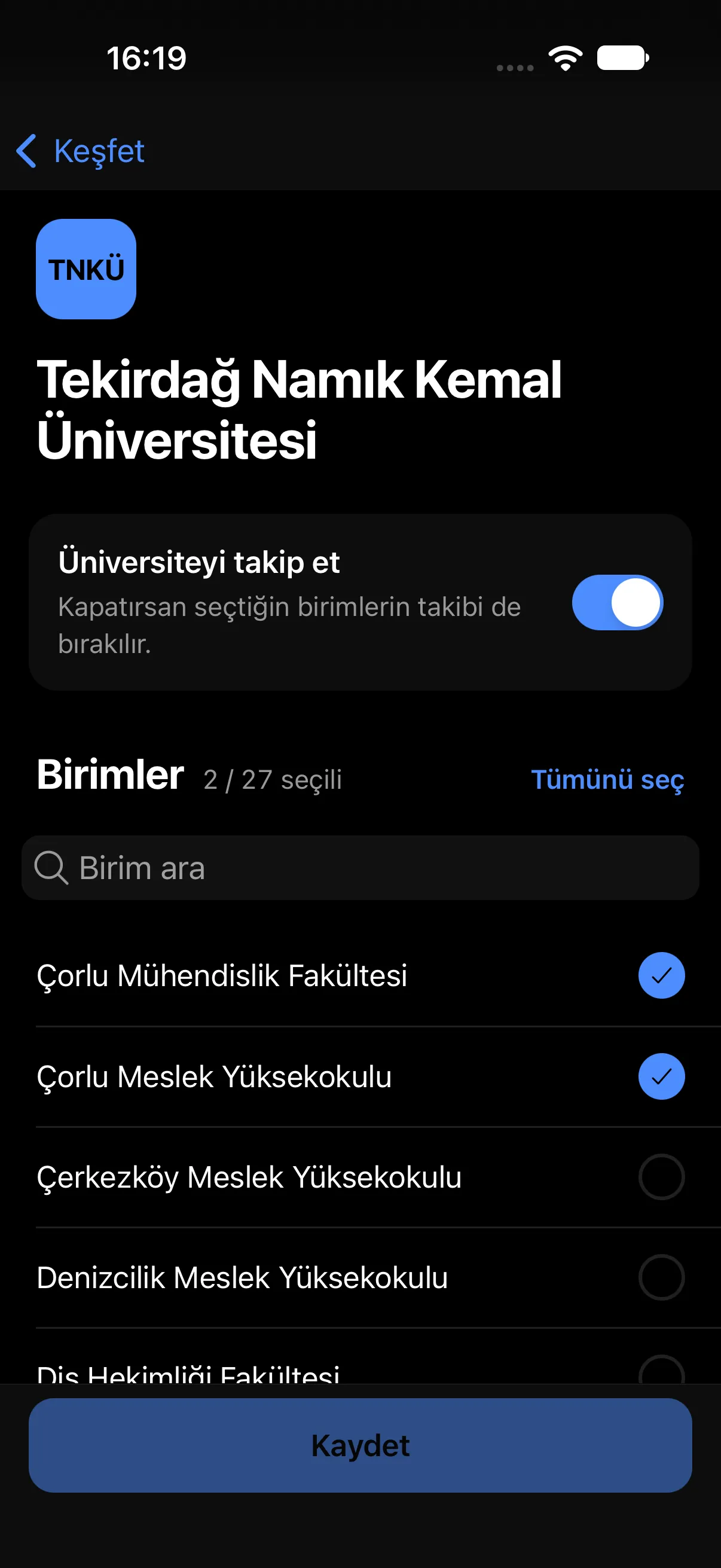 Takip Yönetimi ekranı: üniversite ve takip edilen birimler işaretleniyor.